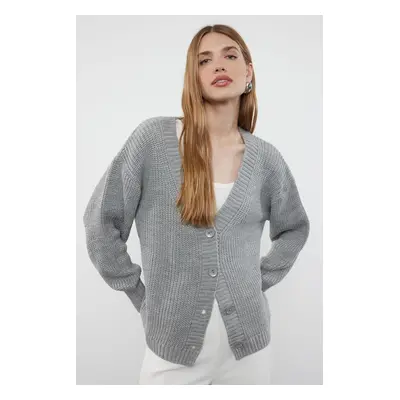 Trendyol Gray Basic V-Neck Knitwear Cardigan