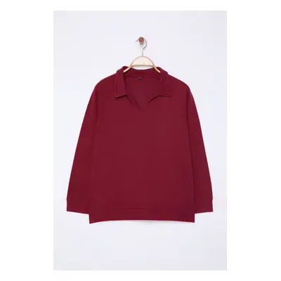 Trendyol Curve Burgundy Oversize/Wide Fit Thessaloniki Polo Neck Knitted Plus Size Sweatshirt