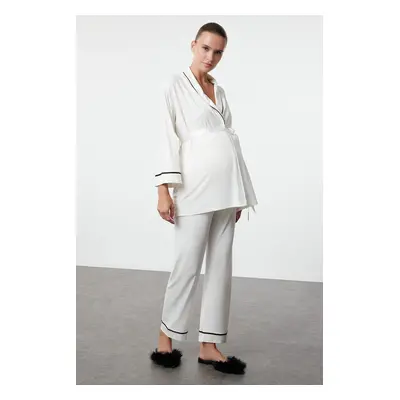 Trendyol Curve White Piping and Belted Knitted Maternity & Postpartum Pajama Set