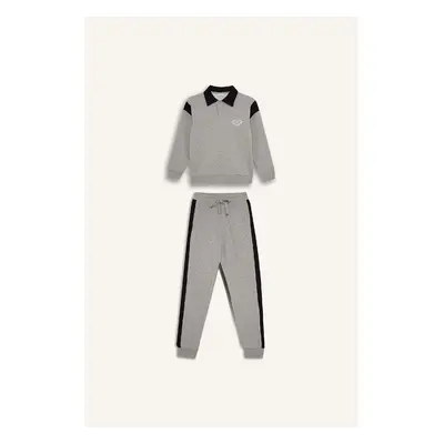 DEFACTO Boy's 2-Piece Set Polo Collar Printed Thick Sweatshirt Elastic Waist Leg Tracksuit Botto