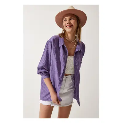 Happiness İstanbul Women's Purple Striped Pocket Viscose Shirt