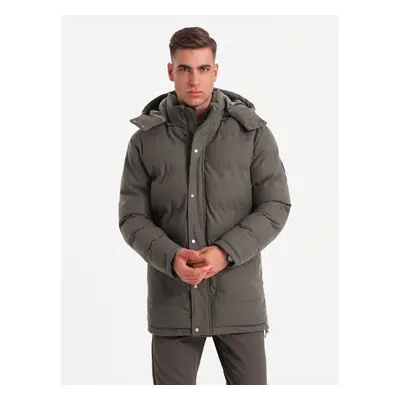 Ombre Men's long warm parka jacket with wool - dark grey melange