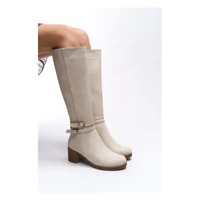 Riccon Zauhilde Women's Buckle Detailed Heeled Boots Matte Beige