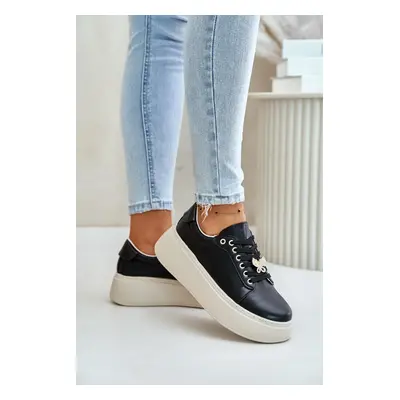 Women's leather platform sneakers with Vinceza brooch black