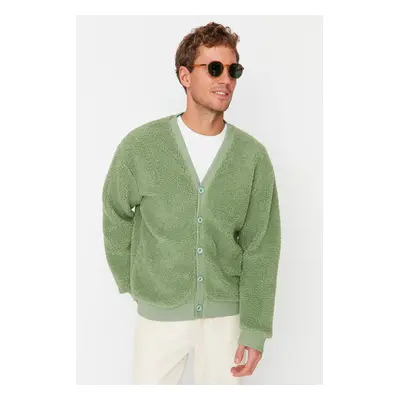 Trendyol Green Oversize/Wide Cut Fit V Neck Buttoned Warm Plush Cardigan