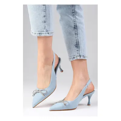 Mio Gusto Alexis Ice Blue Color Denim Fabric Open Back Stone Bow Women's High Heels Shoes