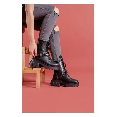 Riccon Black Skin Women's Combat Boots