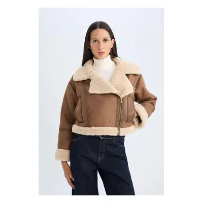 DEFACTO Double Breasted Zipper Closure Pocket Seasonal Plush Lined Jacket Coat