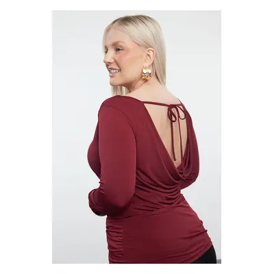 Trendyol Curve Claret Red Boat Neck Lace Back Knitted Plus Size Blouse