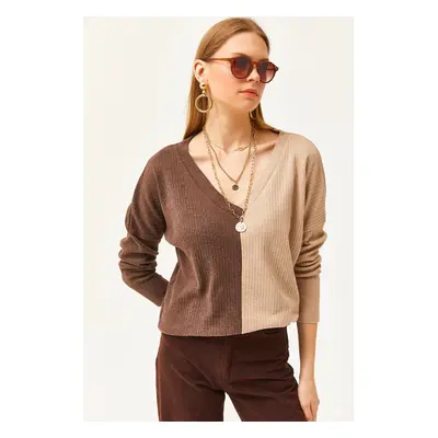 Olalook Women's Brown Camel Block Raised Loose Blouse