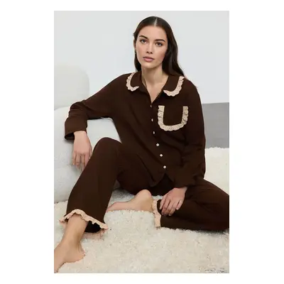 Trendyol Brown 100% Cotton Embroidered and Pocket Detailed Muslin Woven Pajama Set