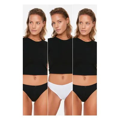 Trendyol Black-White 3-Pack Lace Detailed Cotton Thong Knitted Briefs