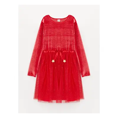 LC Waikiki Crew Neck Long Sleeve Velvet Girls Dress