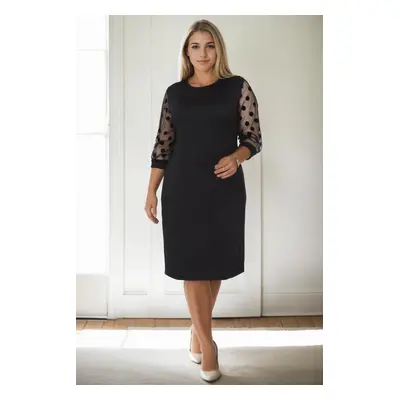 97062 Dewberry Polka Dot Flocked on Sleeves Plus Size Dress-BLACK