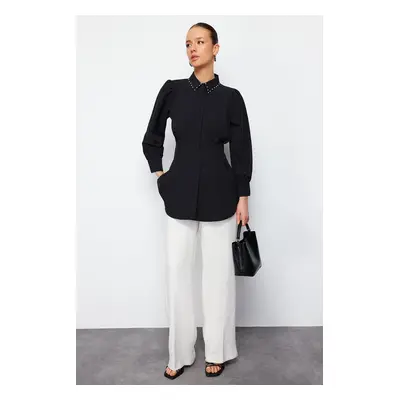 Trendyol Black Waist Fitted Pearl Detail Woven Shirt