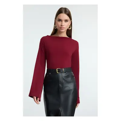 Trendyol Dark Cherry Relaxed/Comfortable Pattern Spanish Sleeve Flexible Knitted Blouse