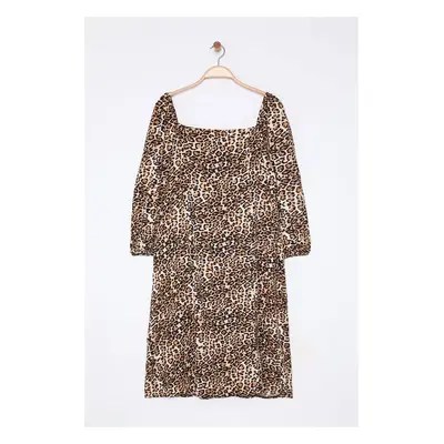 Trendyol Curve Multicolored Leopard Print Balloon Long Sleeve Woven Plus Size Midi Dress