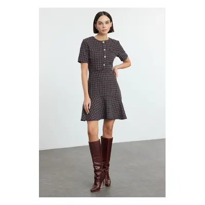 Trendyol Black Waist-Opening Crew Neck Mini Tweed Woven Dress