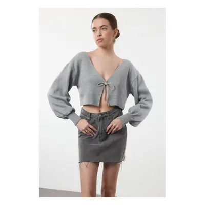 Trendyol Grey Super Crop Basic Bow Knit Cardigan