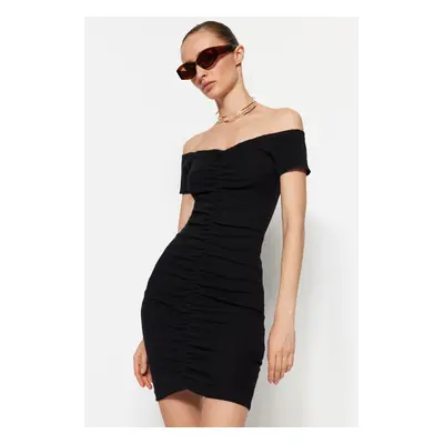 Trendyol Black Shirring Detail, Fitted Carmen Collar Mini Ribbed, Flexible Knit Dress