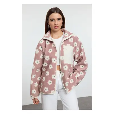 Trendyol Winter Essentials Floral Printed Thick Fleece Zipper Stand Collar Pocket Knitted Sweats