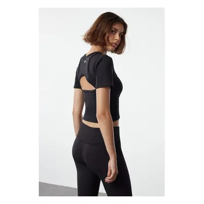 Trendyol Black Brushed Soft Reflective and Cut Out/Window Detail Crop Yoga Knitted Sports Top/Bl