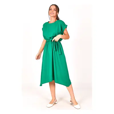 armonika Women's Green Dress with Elastic Waist and Tie