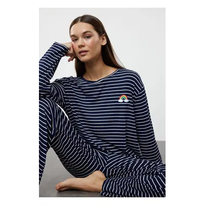 Trendyol Navy Blue Striped Rainbow Printed Viscose Knitted Pajama Set