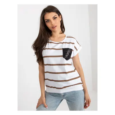 White and brown striped blouse with short sleeves