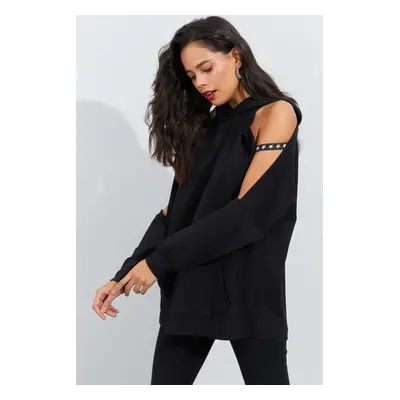 Cool & Sexy Women's Black Open Sleeve Hooded Sweatshirt Yi2356