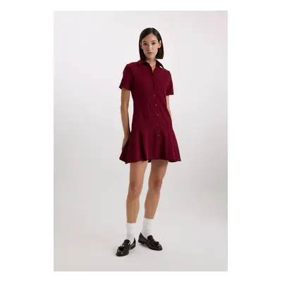 DEFACTO Polo Neck Basic Plain Short Sleeve Pleated Mini Dress