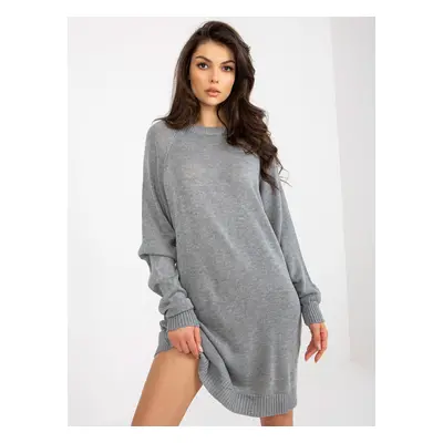 Gray loose knitted dress with a round neckline