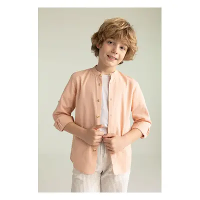 DEFACTO Boy's Stand Collar Linen Look Basic Long Sleeve Shirt