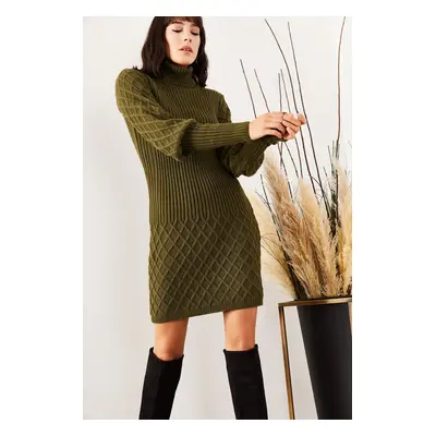 Olalook Women's Khaki Sleeve and Skirt Textured Knitwear Dress