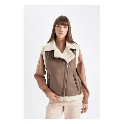 DEFACTO Water Repellent Double Breasted Collar Zipper Closure Sleeveless Seasonal Faux Plush Lin