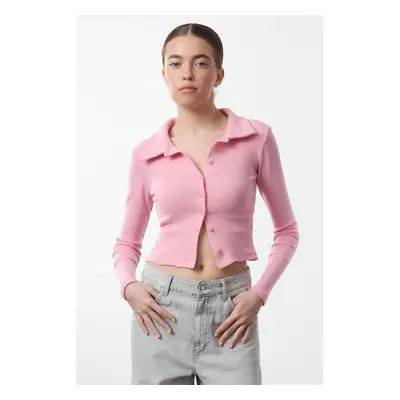 Trendyol Pink Button Detailed Crop Polo Neck Ribbed Flexible Knit Blouse