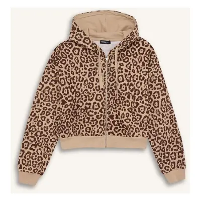 DEFACTO Cool Loose Fit Leopard Printed Hooded Zipper Sweatshirt