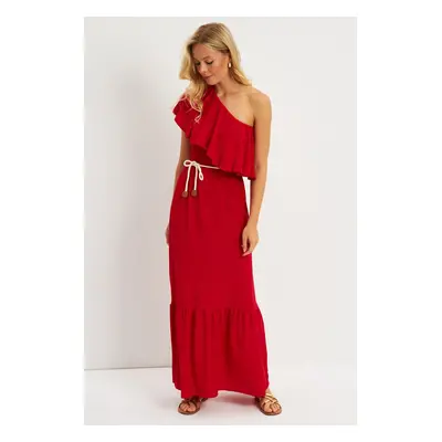 Cool & Sexy Women's Red Ruffle One Shoulder Midi Dress