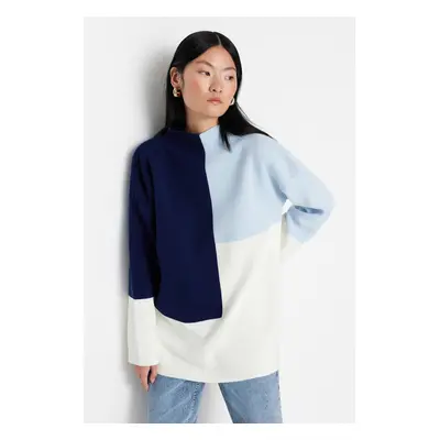 Trendyol Blue Color Color Block High Neck Knitwear Sweater