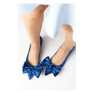 Mio Gusto Molly Saks Blue Color Velvet Mini Heels Women's Short Heeled Shoes with Bow