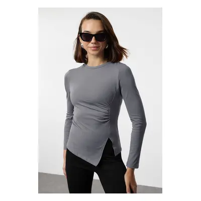 Trendyol Anthracite Single Slit Detailed Gathered Crew Neck Knitted Blouse