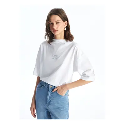 LC Waikiki Stand Collar Embroidered Short Sleeve Women's T-Shirt