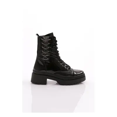 DGN K9002 Women's Lace-Up Boots Black Wrinkled Patent Leather