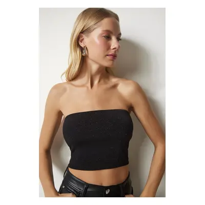 Happiness İstanbul Women's Black Lurex Strapless Crop Blouse