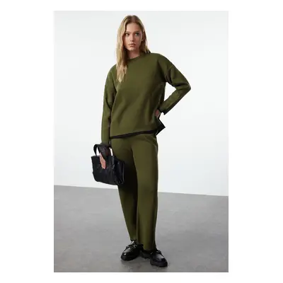 Trendyol Khaki Wide Fit Contrast Colored Knitwear Bottom-Top Set