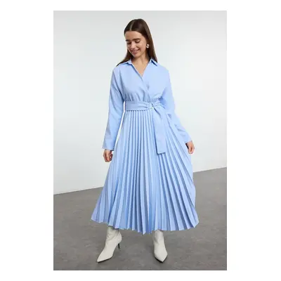 Trendyol Blue Belted Pleated Skirt Double Breasted Maxi Woven Dress