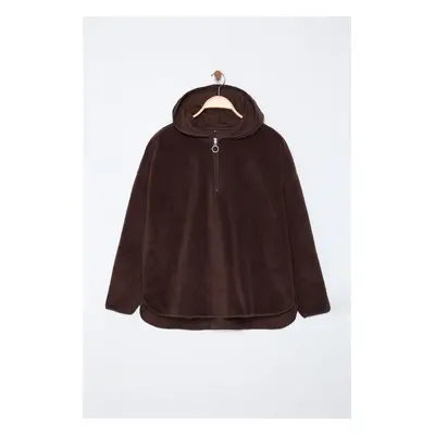 Trendyol Curve Brown Thick Fleece Hooded and Zippered Oversize/Wide Pattern Knitted Sweatshirt