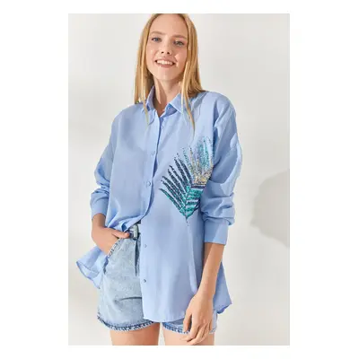 Olalook Baby Blue Palm Sequin Detailed Oversize Woven Poplin Shirt