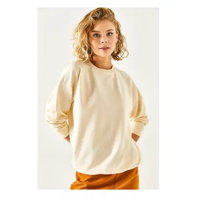 Olalook Women's Plain Beige Basic Soft Textured Loose Sweatshirt