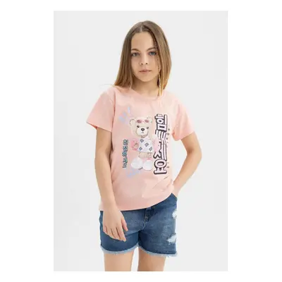 DEFACTO Girl's Teddy Bear Printed Short Sleeve T-Shirt